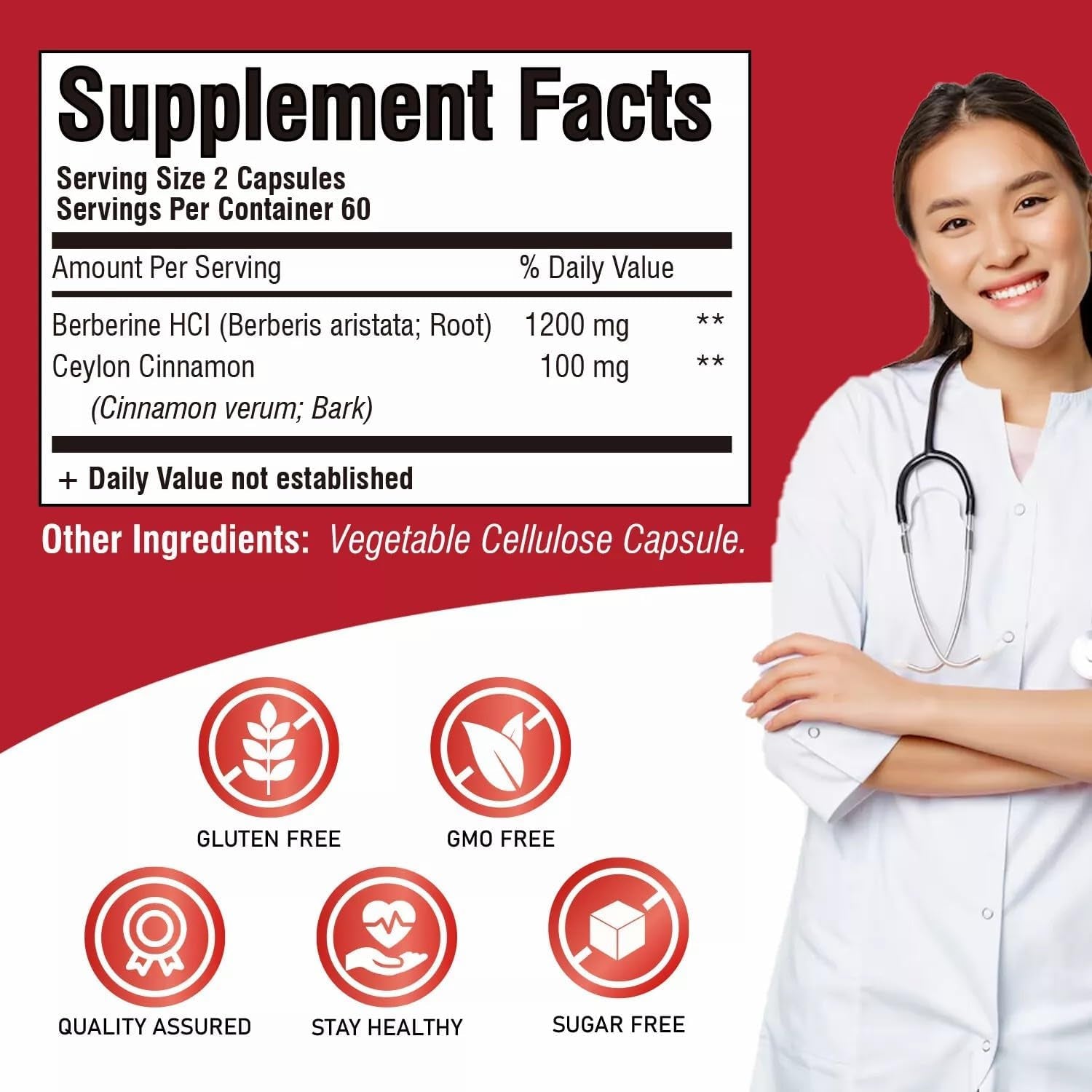 Premium Berberine HCL 1200Mg, 120 Capsules - plus Pure True Ceylon Cinnamon, Berberine HCI Root Supplements Capsules - Immune System, Healthy Weight Management