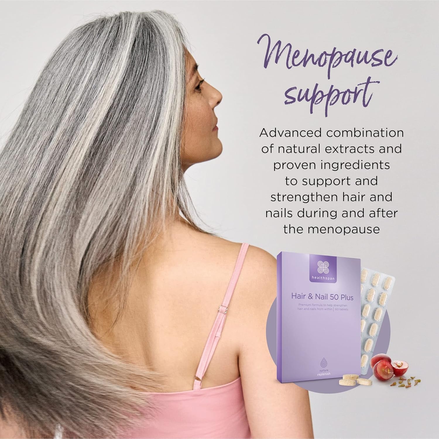 Healthspan Hair & Nails 50 plus | Formulated for Peri- and Post- Menopausal Women | Promotes Strong Hair & Healthy Nails | with Soy Isoflavones, Biotin, Selenium & Zinc | Vegan (60 Tablets)