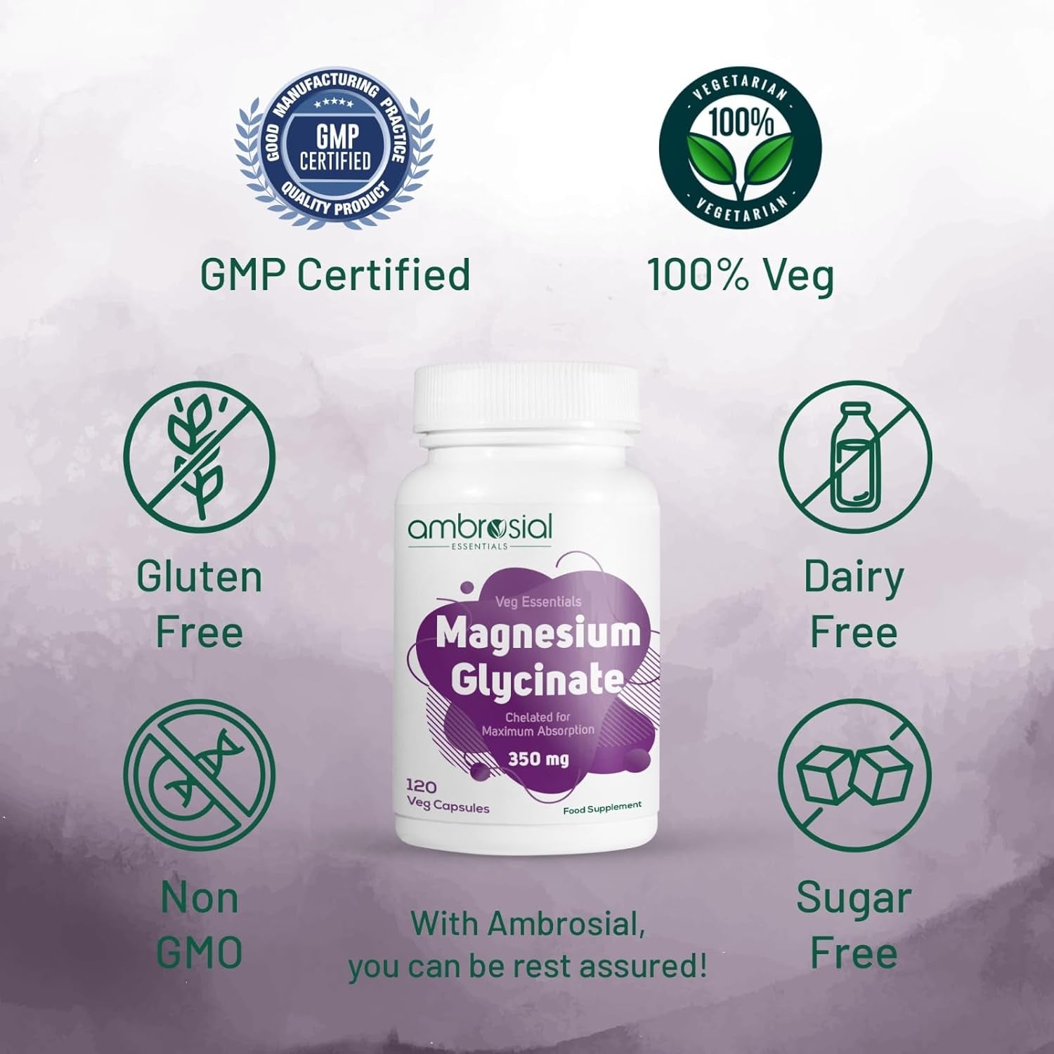 Ambrosial Chelated Magnesium Glycinate - 350 Mg of Elemental Magnesium – High Strength Magnesium Supplement for Women & Men, Gentle on Stomach, Vegan, GMP Certified, 120 Capsules (4 Months Supply)