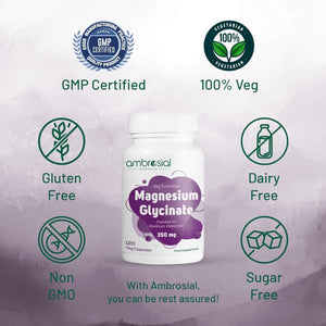 Ambrosial Chelated Magnesium Glycinate - 350 Mg of Elemental Magnesium – High Strength Magnesium Supplement for Women & Men, Gentle on Stomach, Vegan, GMP Certified, 120 Capsules (4 Months Supply)