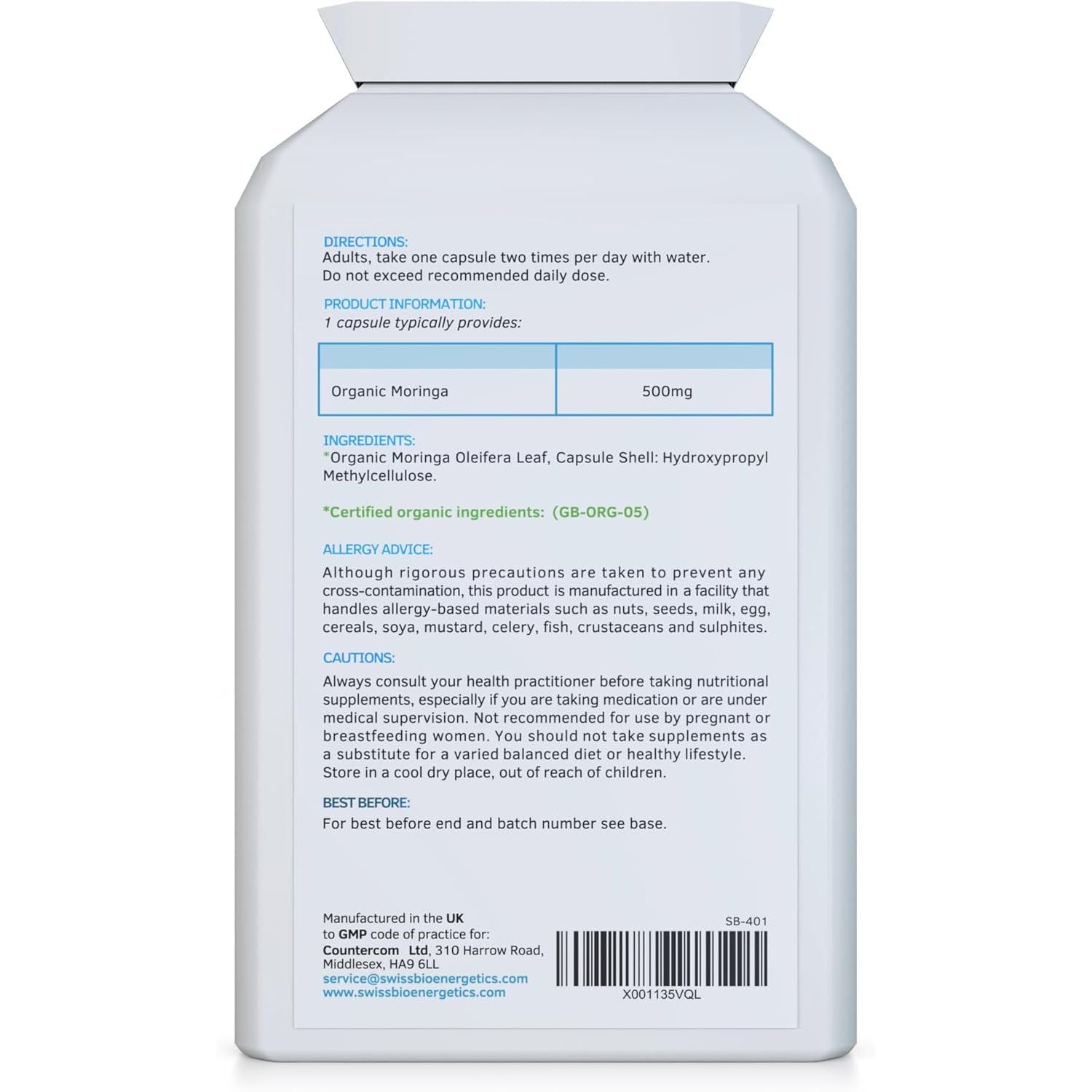 Pure Organic Moringa Oleifera 500Mg 120 Capsules - No Fillers or Flowing Agents - 100% Natural Soil Association Certified High Strength Superfood with All Essential Amino Acids