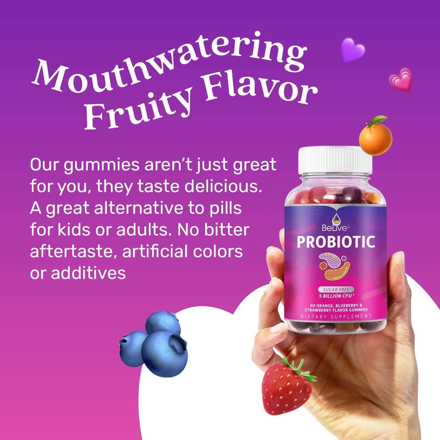 Belive Probiotic Gummies - Probiotics with 5 Billion Cfus for Digestive Health, Men, Women & Kids - for Immune Support, Sugar Free & Vegan | 60 Ct – Blueberry, Strawberry & Orange (60 Count)