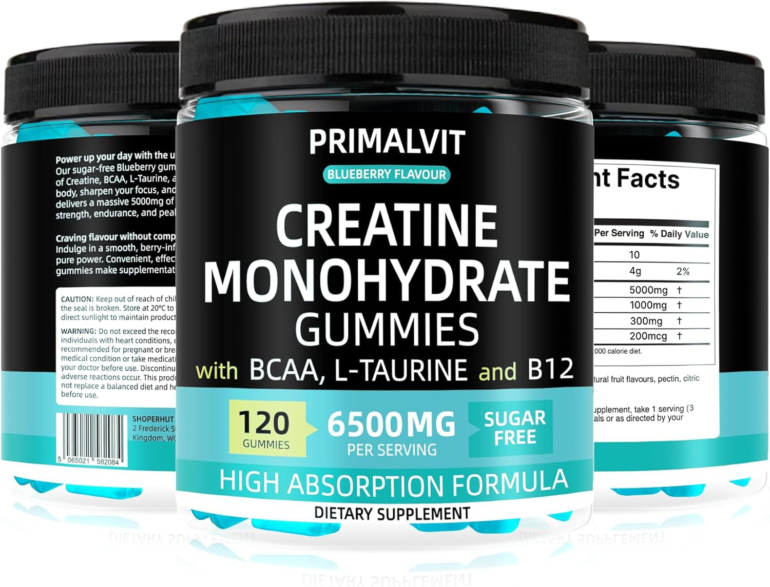 120 Creatine Gummies 6500Mg Sugar-Free Complex – Pre-Workout Creatine Monohydrate + BCAA, L-Taurine, B12 – Max Strength Chewable Gym Supplement – Vegan Gummy Chews for Men & Women – Primalvit