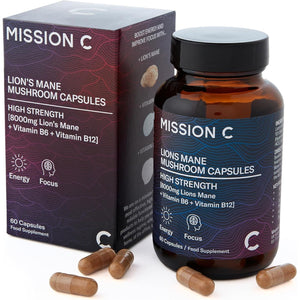 Lions Mane Mushroom Capsules 8,000Mg with Added Vitamin B6 and B12 | Nootropic Supplement for Cognition, Mood, Immunity & Inflammation | 60 Two-A-Day Vegan Capsules - Mission C Lion'S Mane
