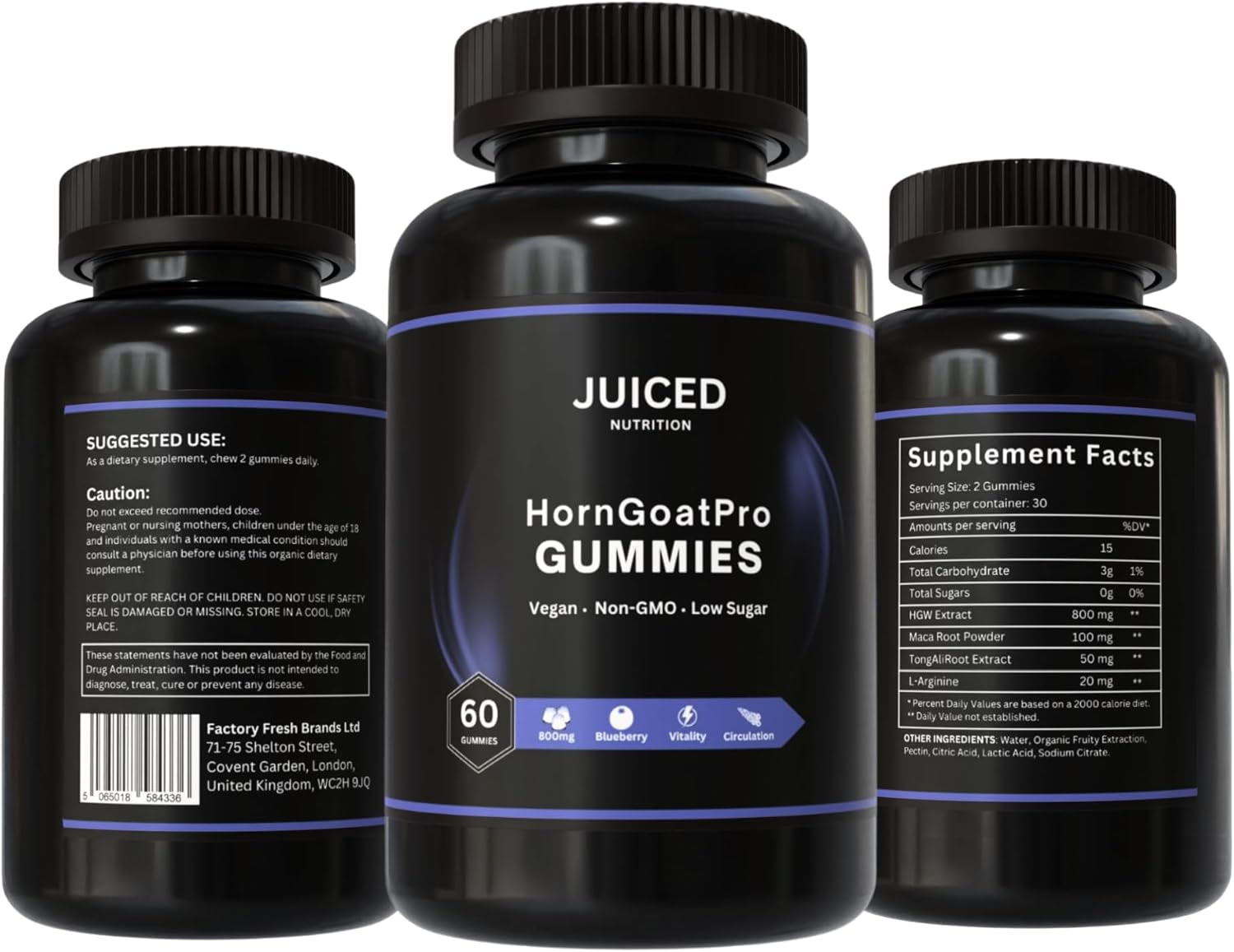 Horngoatpro Gummies - 60 Gummies Blueberry Flavour - with Added Tongaliextract, Maca Root, L-Arginine for Maximum Effect - Vegan, Non GMO, Gluten Free and Low Sugar - for Vitality