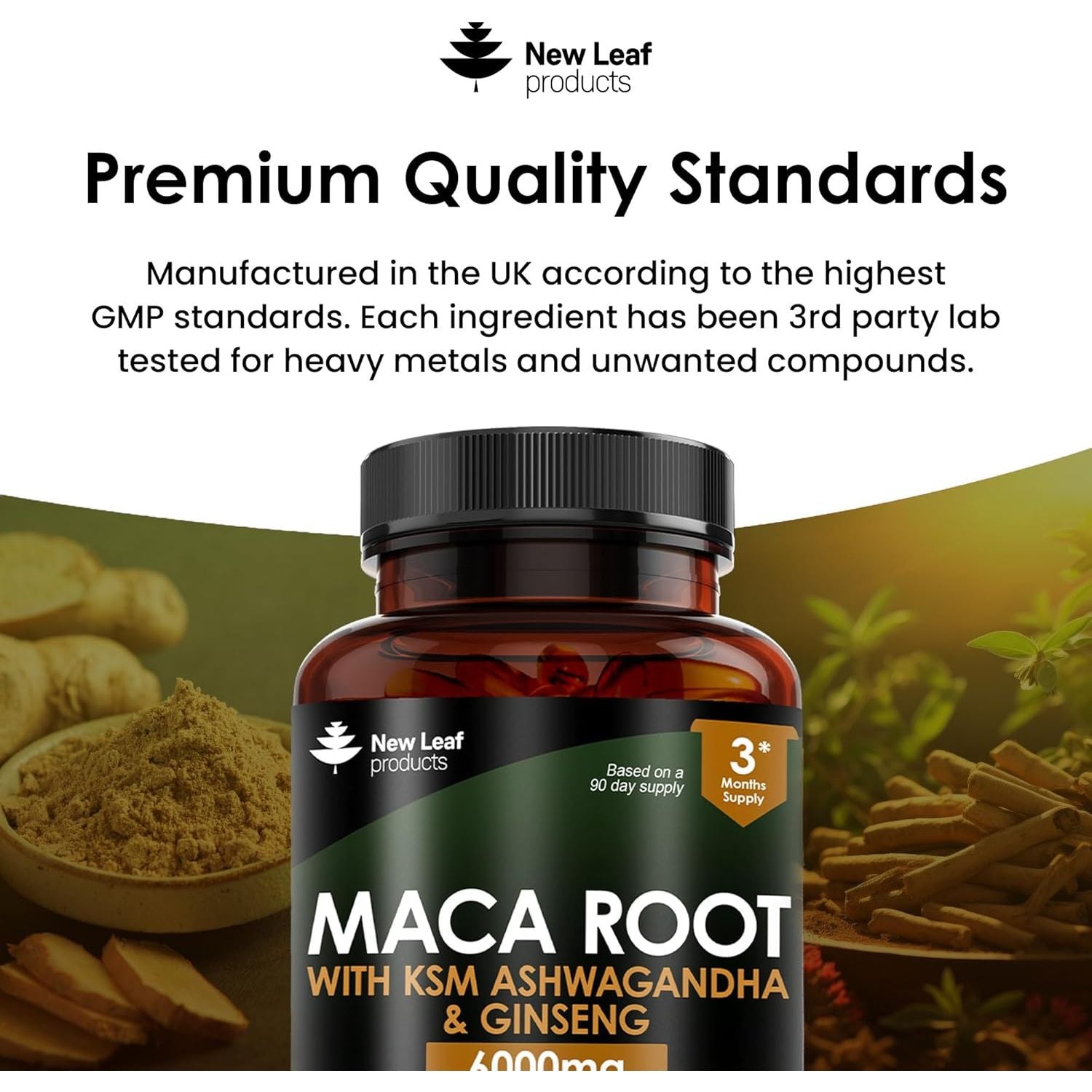 Maca Root Capsules with KSM Ashwagandha and Ginseng - 180 High Strength 6000Mg Maca Root + Ashwagandha KSM-66, Panax Ginseng & Black Pepper - Vegan Capsules Made in the UK