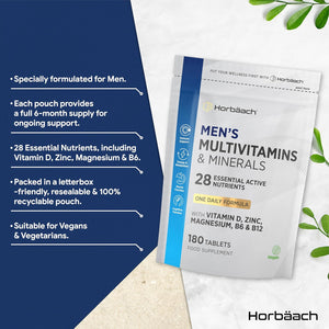 Multivitamin Tablets for Men | 180 Count | 28 Essential Nutrients | with Zinc, Magnesium, Vitamin D3, B12 and More! | Vegan Supplement | by Horbaach
