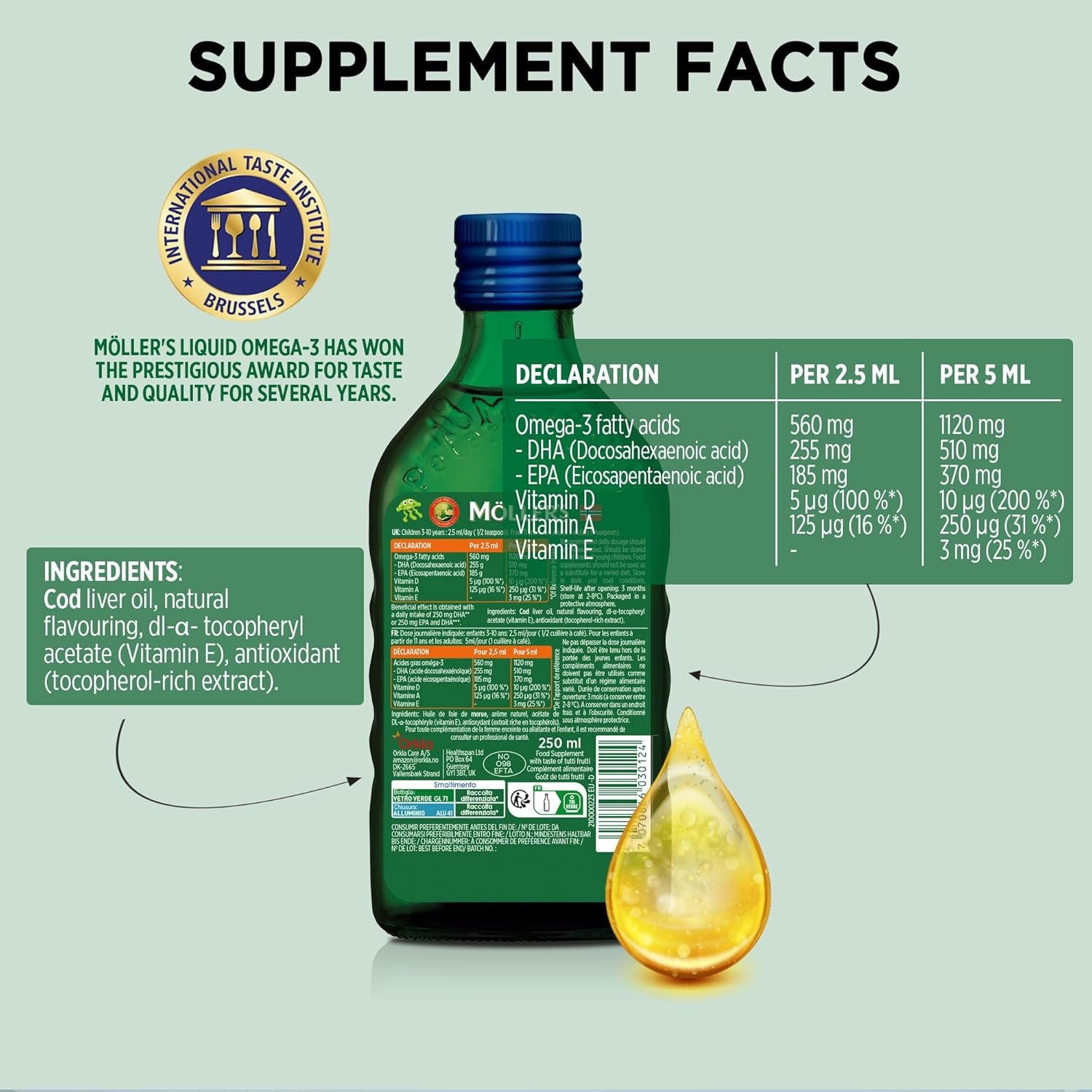 Moller’S ® | Omega 3 for Kids Cod Liver Oil | Nordic Omega-3 Dietary Supplements with EPA, DHA, Vitamin A, D & E | Pure, Natural Cod Liver Oil Liquid | 166-Year-Old-Brand | Tutti Frutti Taste | 250 Ml