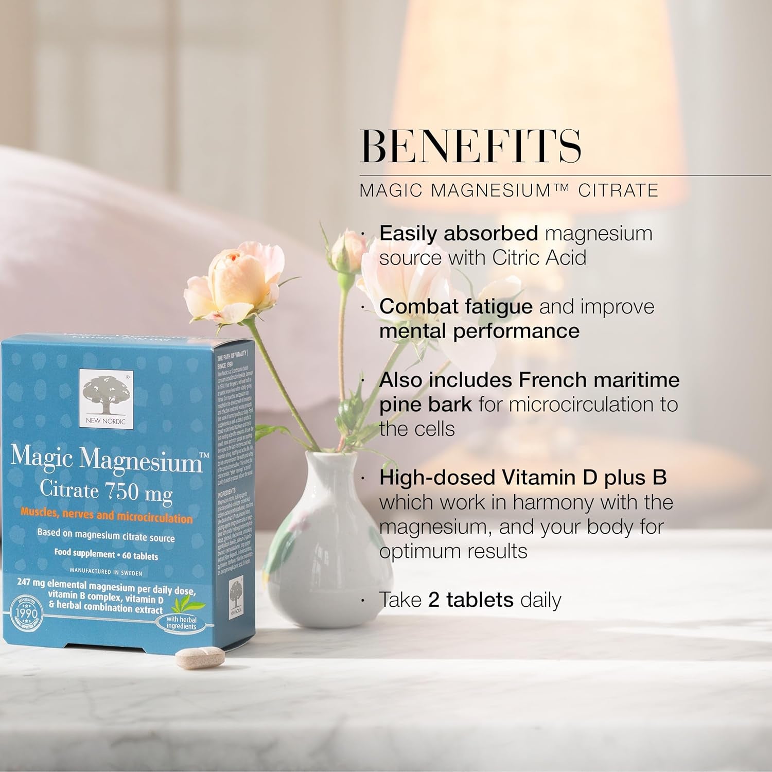 New Nordic Magnesium Citrate - 750 Mg Extra Strength - Muscle & Sleep Support for Women & Men - Vitamin B Complex & Vitamin D - 60 Tablets