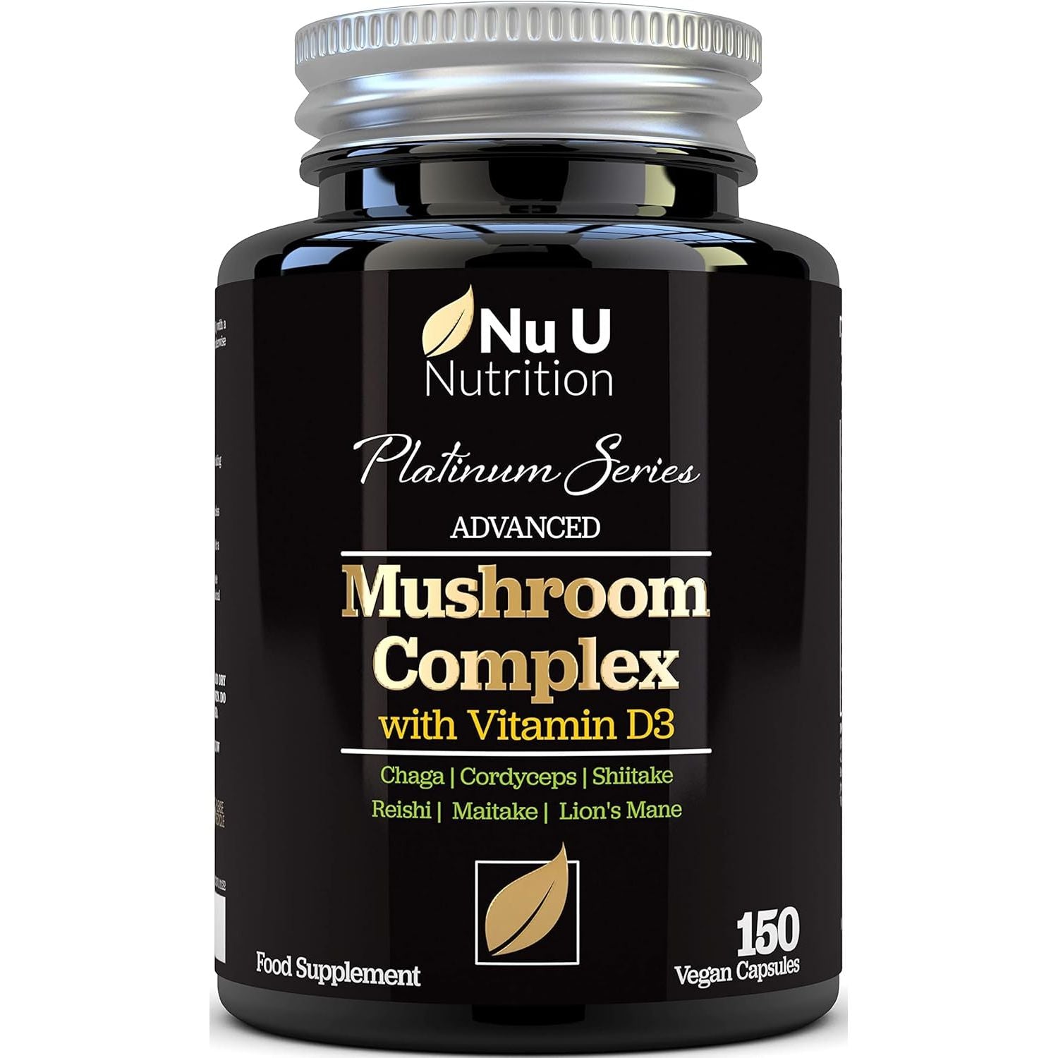 Mushroom Complex 6 Supplement - 150 Vegan Capsules - High Potency Superblend of Lions Mane, Chaga, Cordyceps, Shiitake, Reishi, Maitake Mushrooms with Vitamin D - Made in the UK - Nu U Nutrition