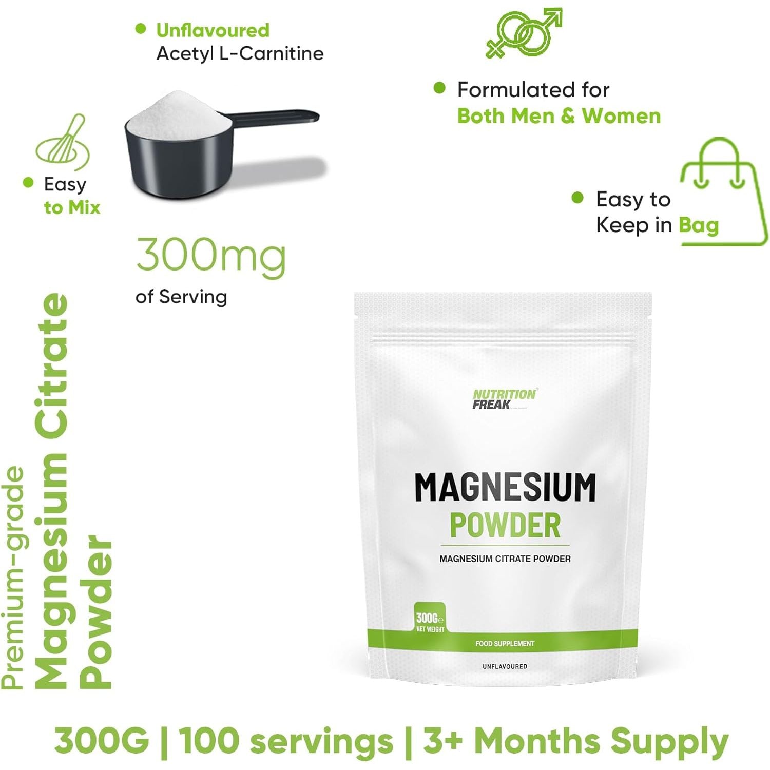 Nutrition Freak Magnesium Powder 300G - Premium Fully Reacted Magnesium Citrate Powder Suitable for Men & Women UK Made