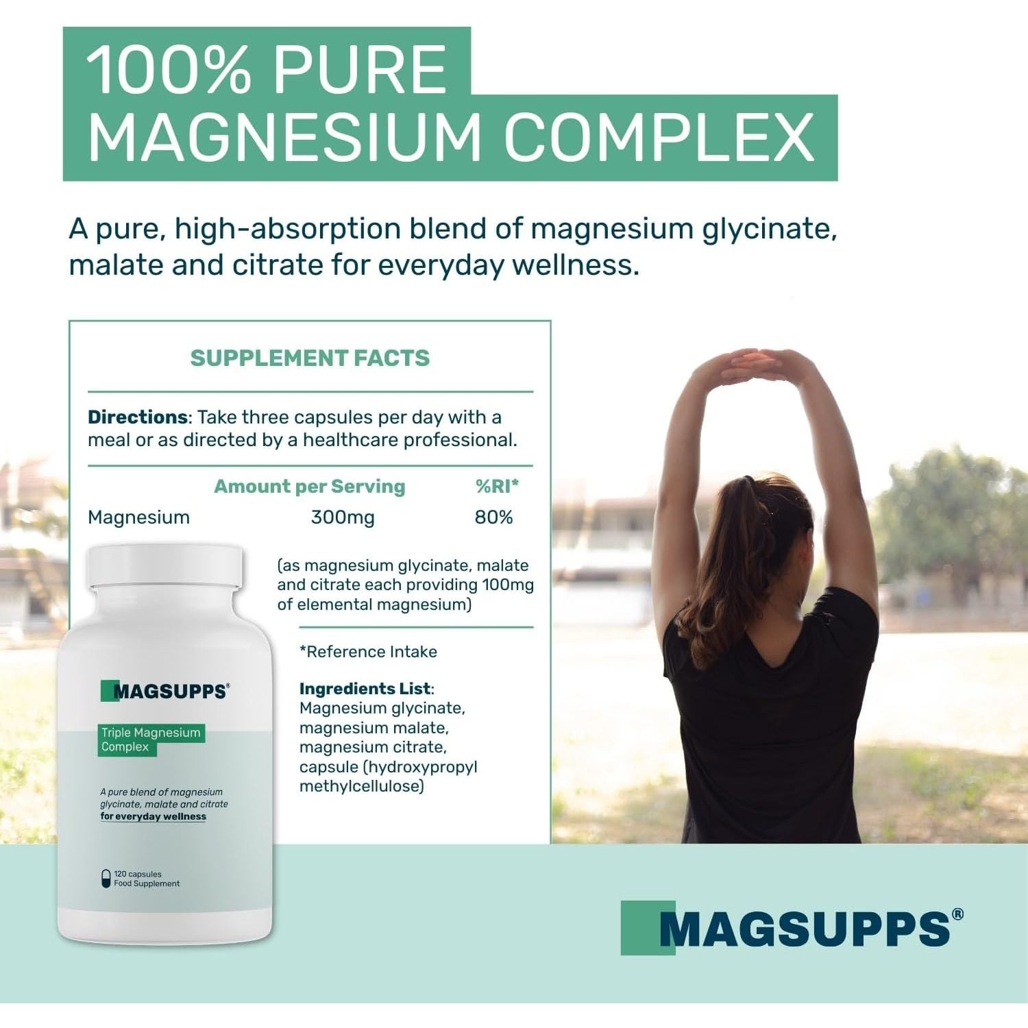 MAGSUPPS Triple Magnesium Complex for Muscles, Calm, Sleep & Energy - 300Mg of Pure Magnesium Glycinate, Malate & Citrate - 120 Capsules - 40 Servings - UK Made - Lab Tested - No Fillers