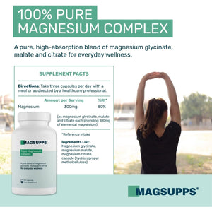 MAGSUPPS Triple Magnesium Complex for Muscles, Calm, Sleep & Energy - 300Mg of Pure Magnesium Glycinate, Malate & Citrate - 120 Capsules - 40 Servings - UK Made - Lab Tested - No Fillers