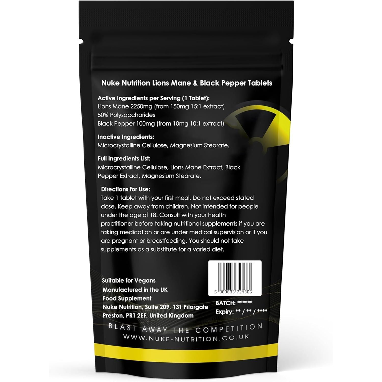 Nuke Nutrition Lions Mane & Black Pepper Capsules X60 - Pure Extract Lion'S Mane - High Strength Lions Mane Supplement - Mushroom Complex - Lion'S Mane Mushroom Brain Supplement