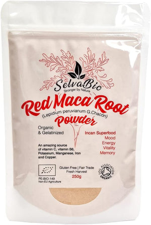 Organic Red Maca Root Gelatinized Powder, Soil Association Certified, 250G from the High Peruvian Mountains.