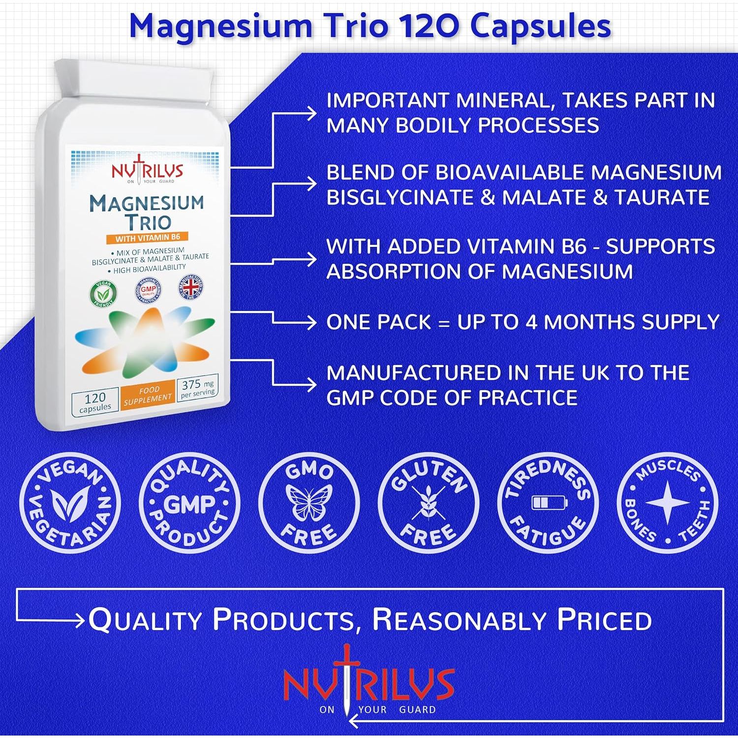 Nutrilus Magnesium Trio Complex 120 Capsules 375Mg per Serving - Magnesium Bisglycinate & Malate & Taurate and Vitamin B6 - Vegan UK Made Supplement