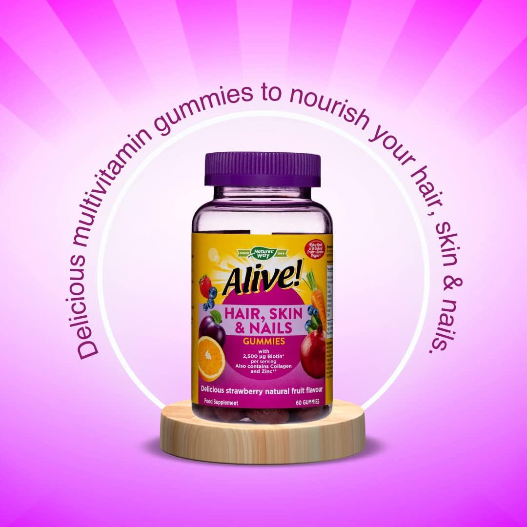 Alive! Hair, Skin & Nails Supplement | Contains 2,500Mcg of Biotin | 60 Gummies (1 Month Supply) | Delicious Multivitamin Gummies to Nourish Your Hair, Skin & Nails.