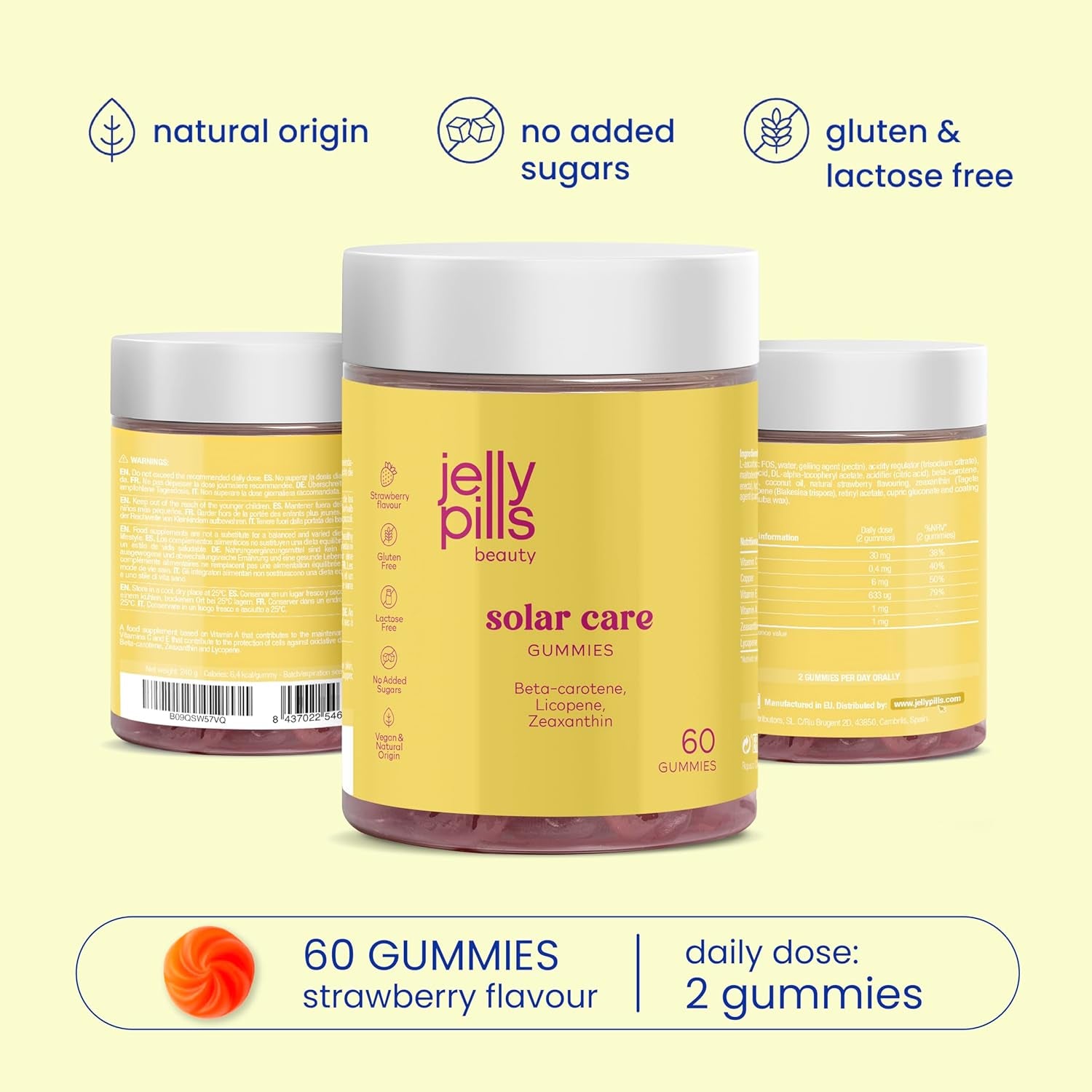 Jelly Pills® Beta Carotene Gummies with Lycopene, Copper and Vitamins A, C and E - No Sugar Added - 60 Strawberry Flavoured Vegan Gummies to Accelerate Your Skin'S Tanning Process