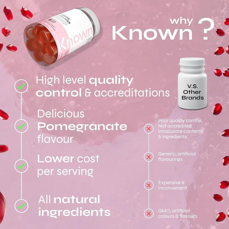 Known Delicious Marine Collagen Gummies - 500Mg Collagen, Vitamin A, C - Skin Support - Natural Pomegranate Flavour - 60 Gummies, 2 Months Supply