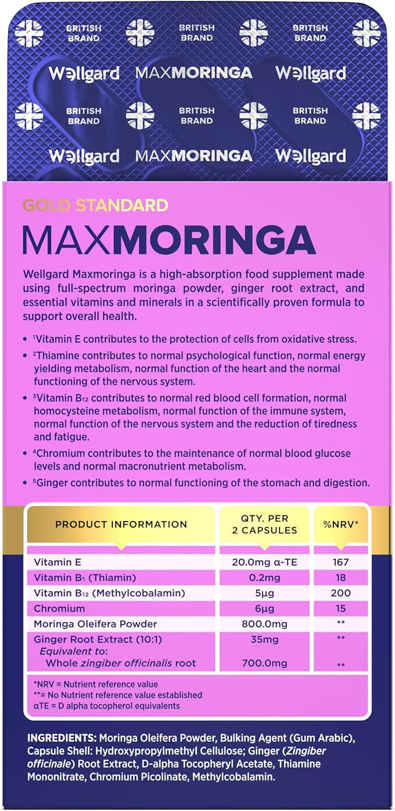 Wellgard Moringa Capsules - Supports Blood Sugar Balance, Heart & Digestive Health, and Metabolism, 60 Vegan Capsules