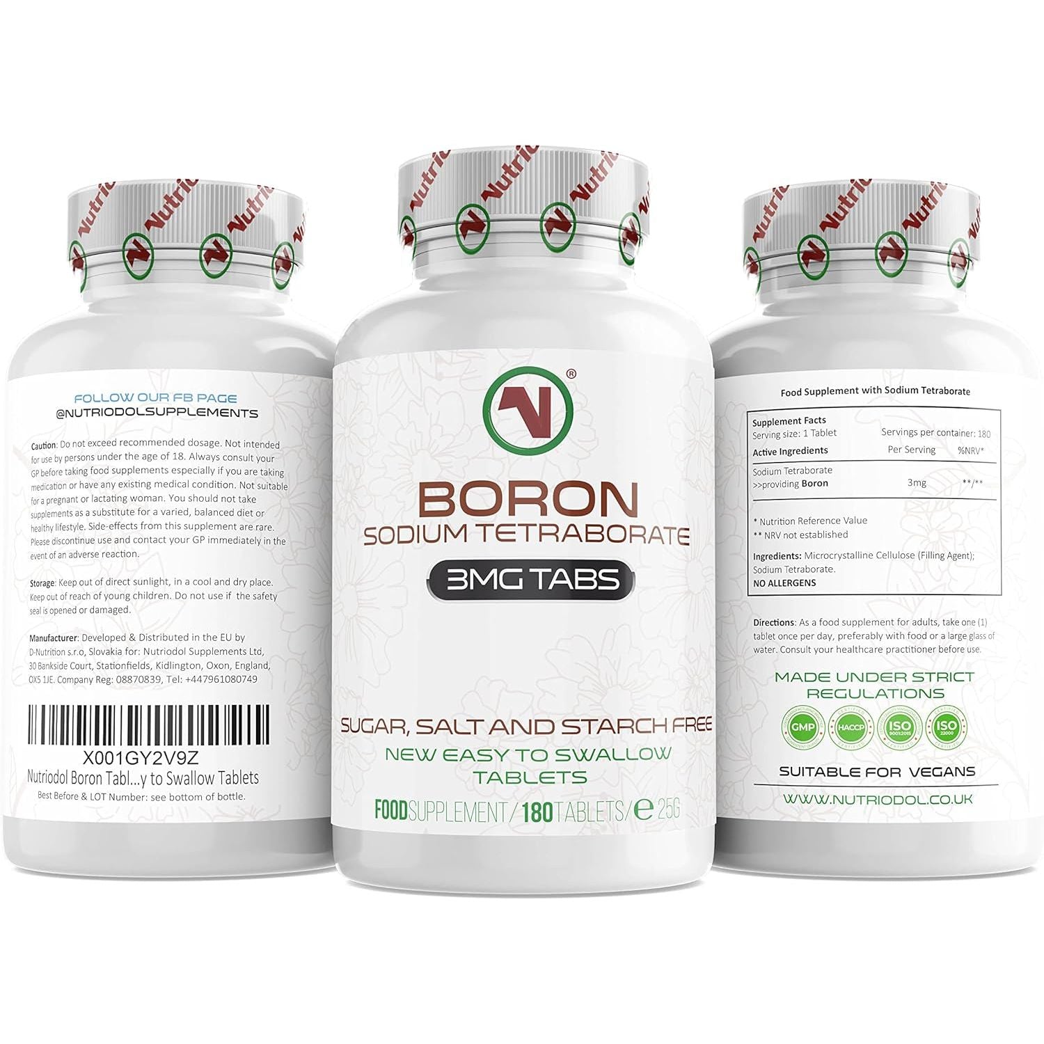 Nutriodol Boron Tablets | 3Mg per Tablet | Sodium Tetraborate | 180 Days Supply | Suitable for Vegans | Easy to Swallow Tablets