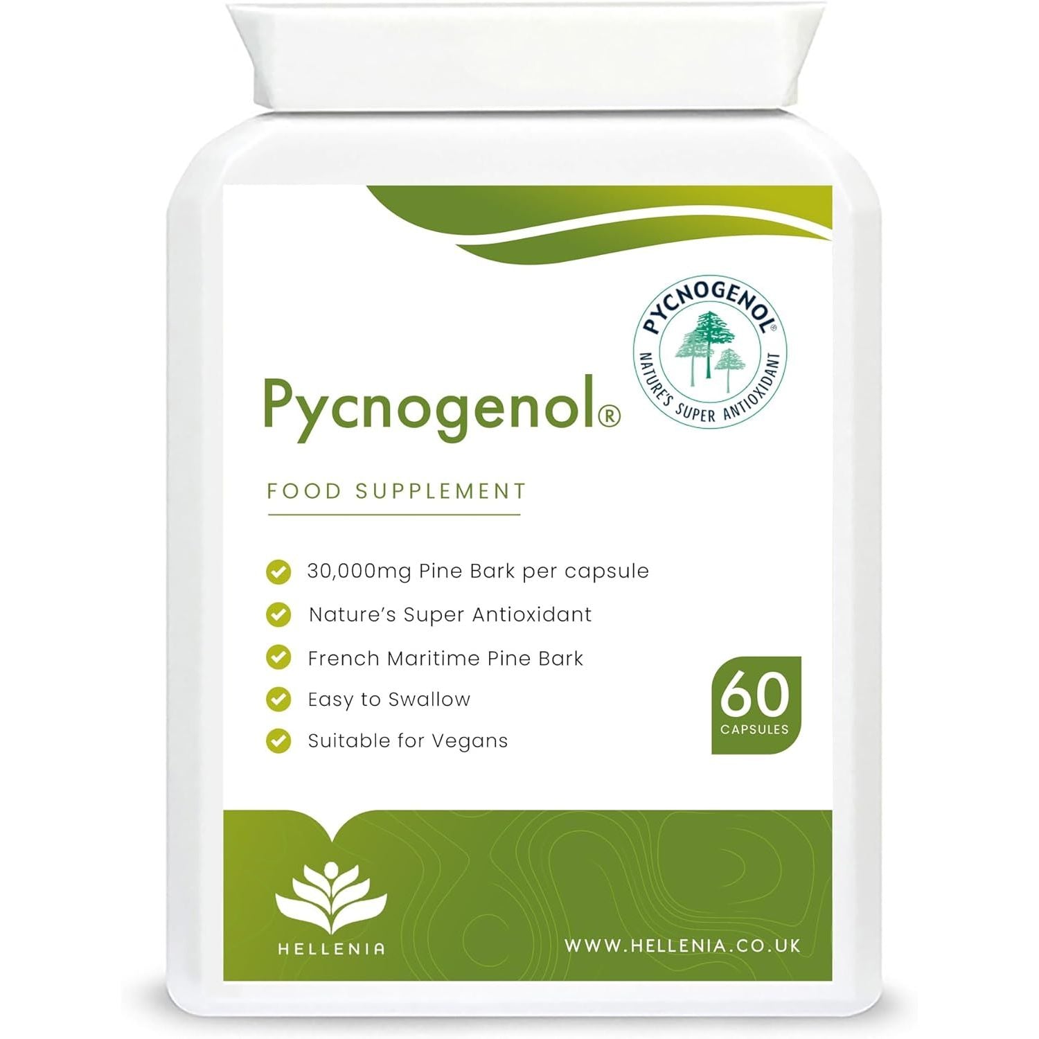 Pycnogenol 30Mg (60 Capsules) | French Maritime Pine Bark Extract | Providing Naturally Powerful Bioflavonoids | High Bioavailability Suitable for Vegans - Made in the UK by Hellenia