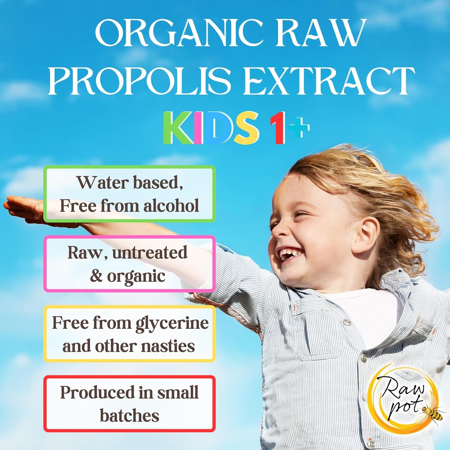 RAW POT - Organic RAW Propolis Spray for Kids 1+ - Alcohol-Free Pure Unpasteurised Natural Bee Propolis Liquid for Sore Throat Relief, Children Immune Support, Immunity Supplement for Kids (20Ml)