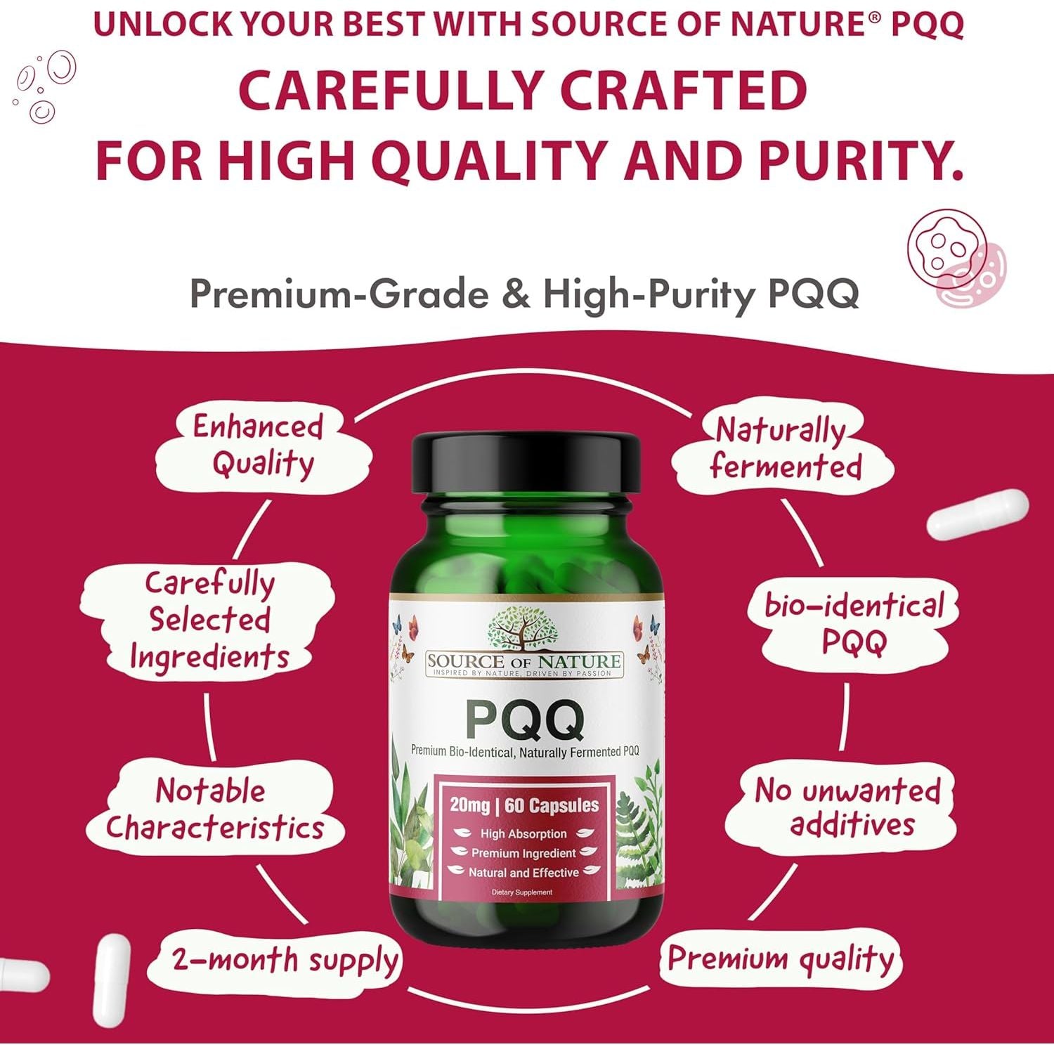 Source of Nature® | 20Mg PQQ | 60 Capsules | 2 Month Supply | Premium Bio-Identical Pyrroloquinoline Quinone| High Dose | No Unwanted Additives | Made in DK | 3Rd Party Tested