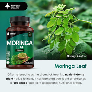 Moringa Leaf Capsules - High Strength Moringa Capsules 2000Mg - Pure Vegan Extract & Powder - 120 (Two Months Supply) Enriched with Black Pepper by New Leaf