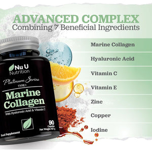 Marine Collagen with Hyaluronic Acid, Vitamin C - 90 Hydrolyzed Capsules (Not Tablets) - Premium High Strength Collagen Supplements for Women & Men - Type 1 Marine Collagen - Nu U Nutrition