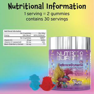 Nutriburst Trolls Kids Defencedynamo - Immune Support & Energy - Vitamin D3 (25Μg), Vitamin C (90Mg) + Black Elderberry Extract (50Mg) - Vegan + Chewable + Sugar Free - Blueberry Flavour - 60 Gummies