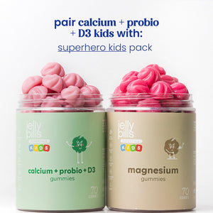Jelly Pills Calcium for Kids + Probiotics & Vitamins D3 and K2-70 Vegan Gummies - No Added Sugars - Strawberry Flavor - Bone & Teeth Support