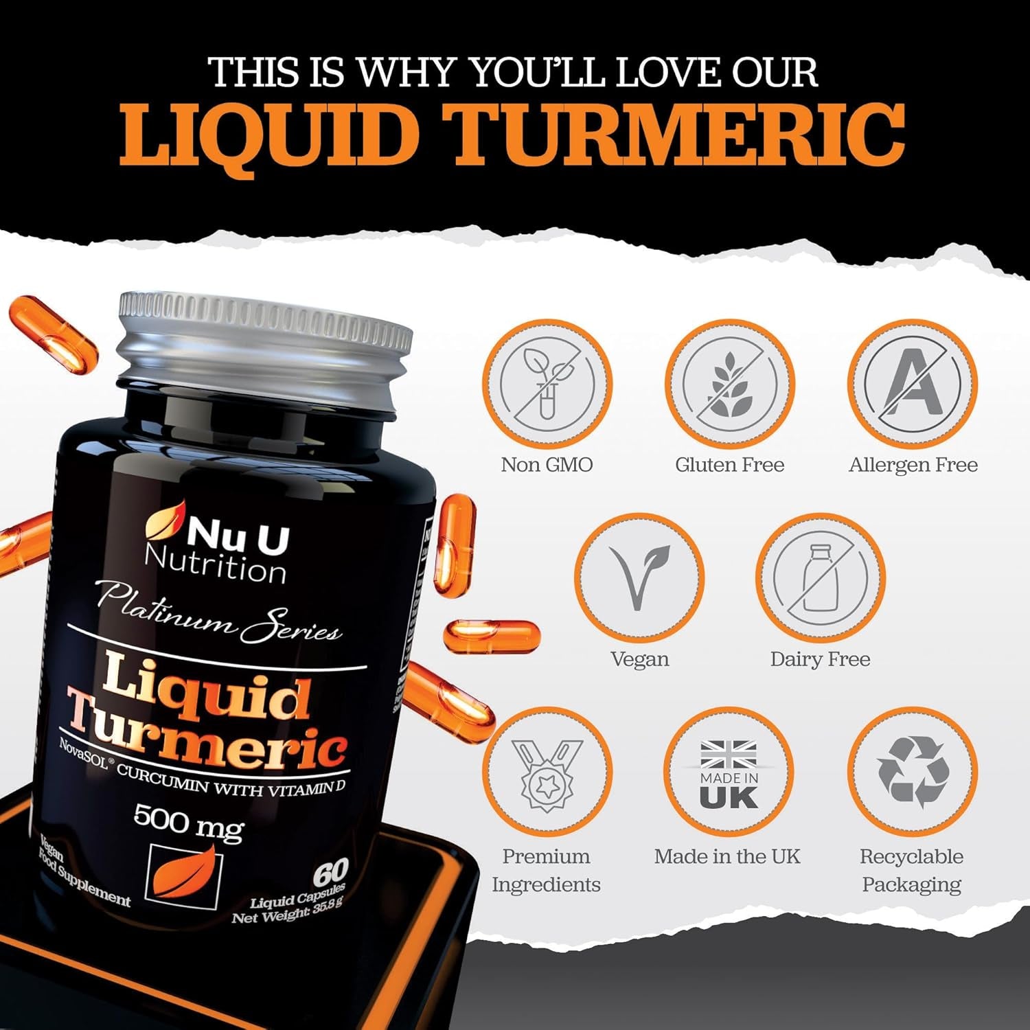 Novasol® Curcumin - Liquid Turmeric with Vitamin D - 60 Vegetarian Capsules - 185X More Bioavailability - High Strength Tumeric Supplement - Made in the UK - Nu U Nutrition
