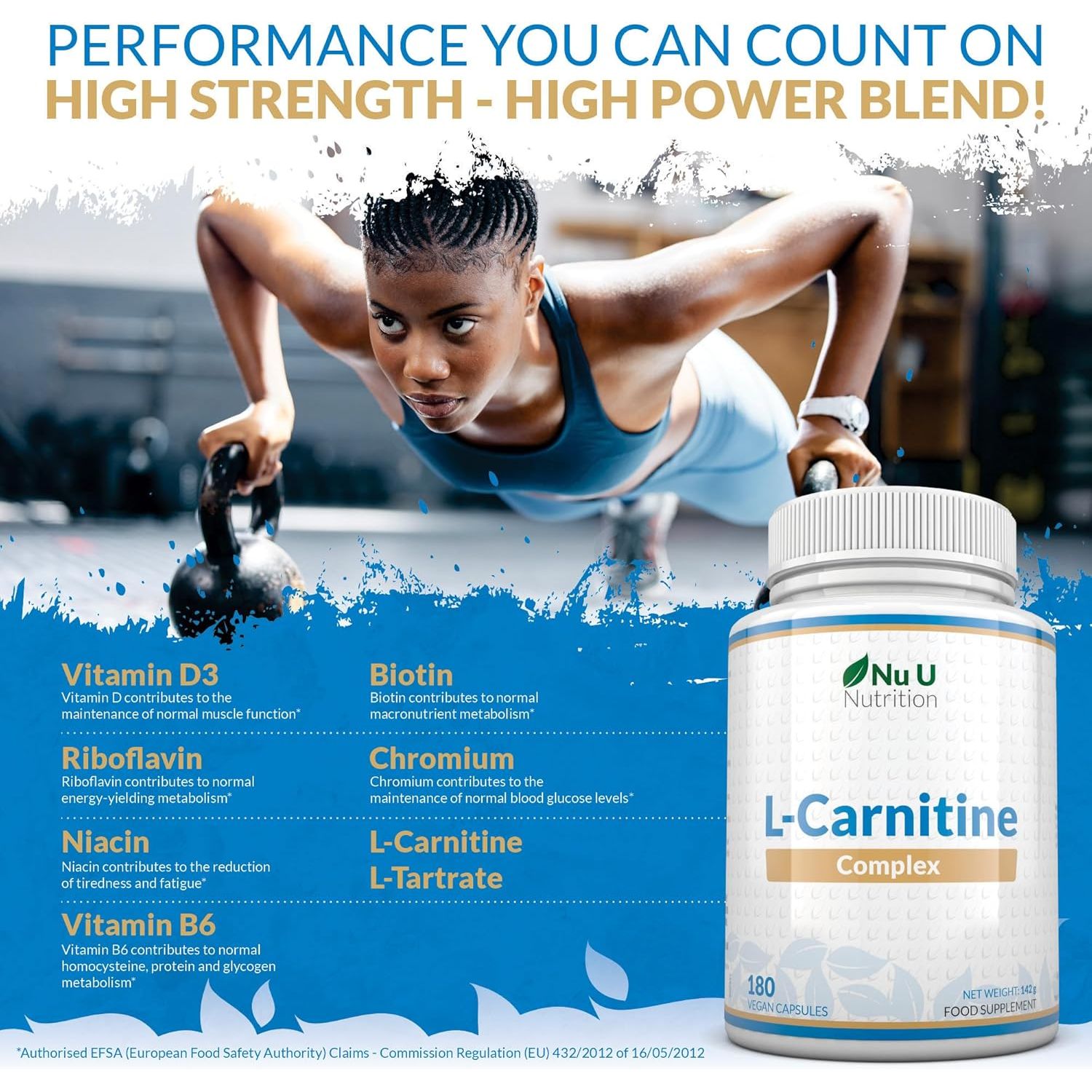 L-Carnitine Tartrate Complex 2200Mg - 180 Vegan Capsules - with Chromium, Riboflavin, Biotin, Vitamin D, B3 & B6 - High Strength L Carnitine Supplement - Made in the UK - Nu U Nutrition
