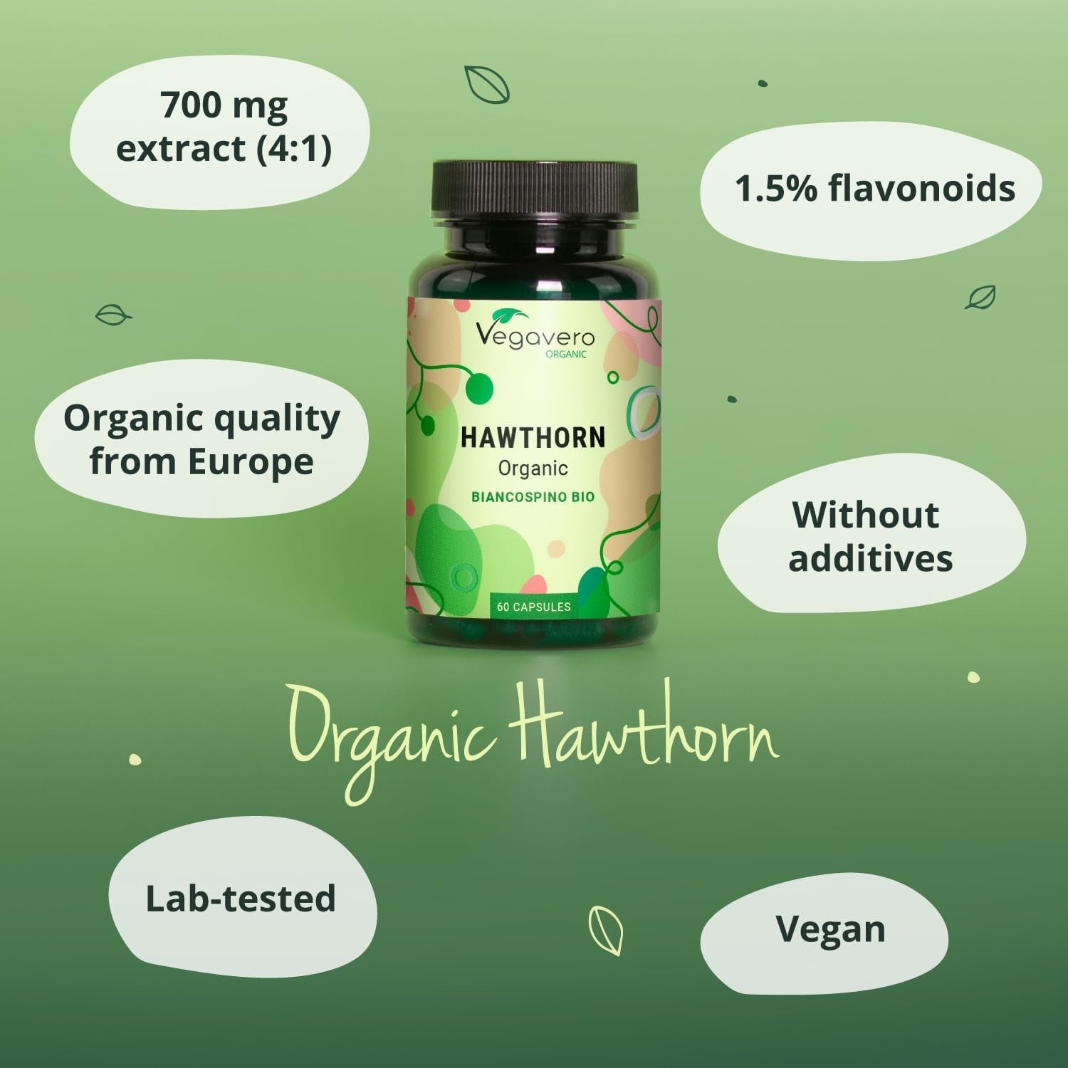 Vegavero Organic Hawthorn Berry Capsules | 2800 Mg (4:1 Extract) | NO Additives | Lab-Tested | Natural Antioxidants Supplement | Vegan