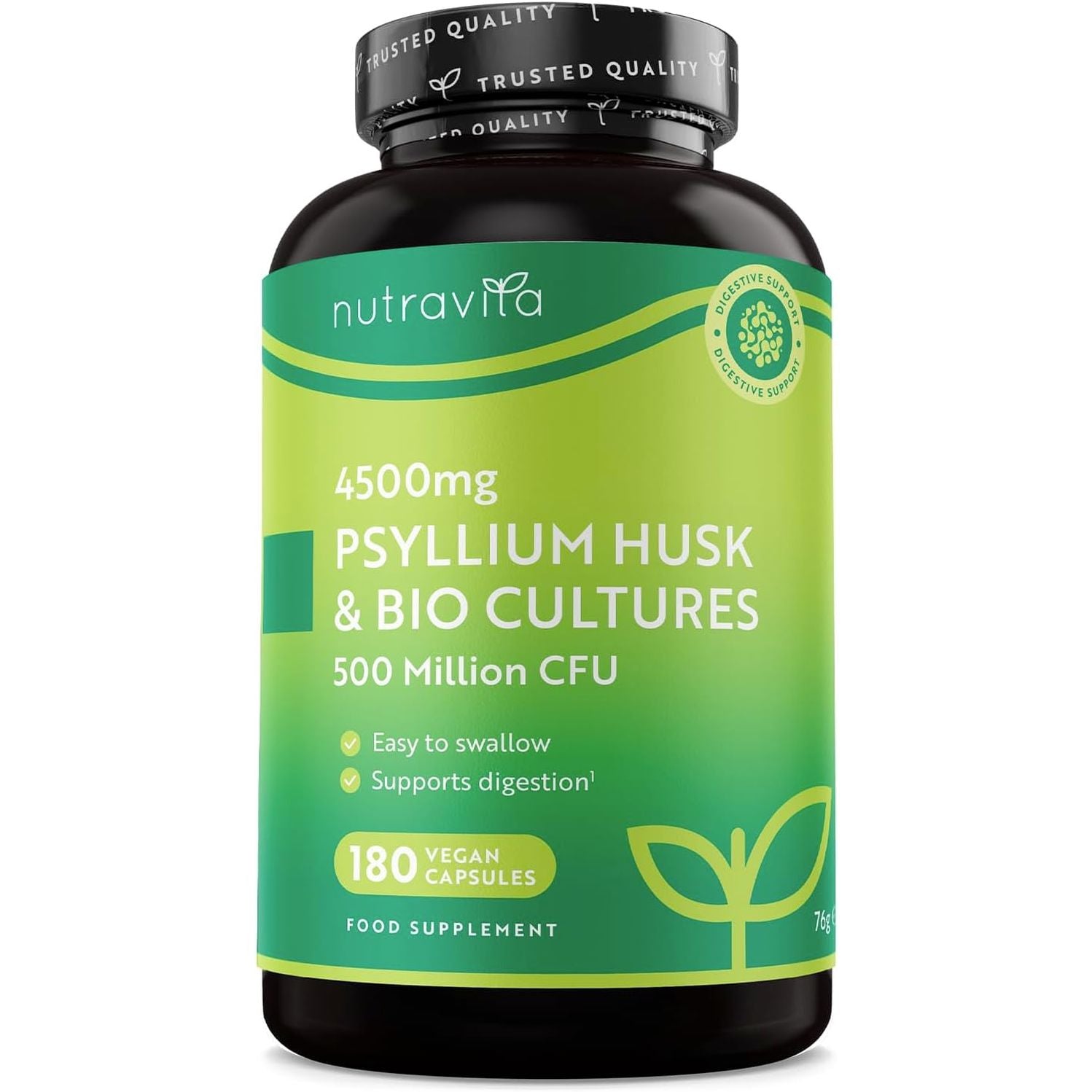 Psyllium Husk 4500Mg with 500 Million CFU, 180 Psyllium Husks Capsules for 3 Months of Supply - Fibre Supplement Psyllium Husk Powder Alternative - Made in the UK by Nutravita