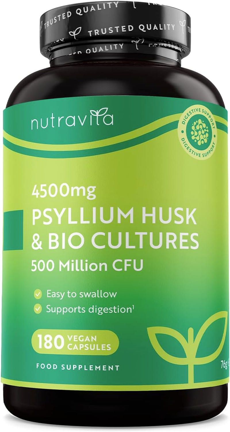 Psyllium Husk 4500Mg with 500 Million CFU, 180 Psyllium Husks Capsules for 3 Months of Supply - Fibre Supplement Psyllium Husk Powder Alternative - Made in the UK by Nutravita