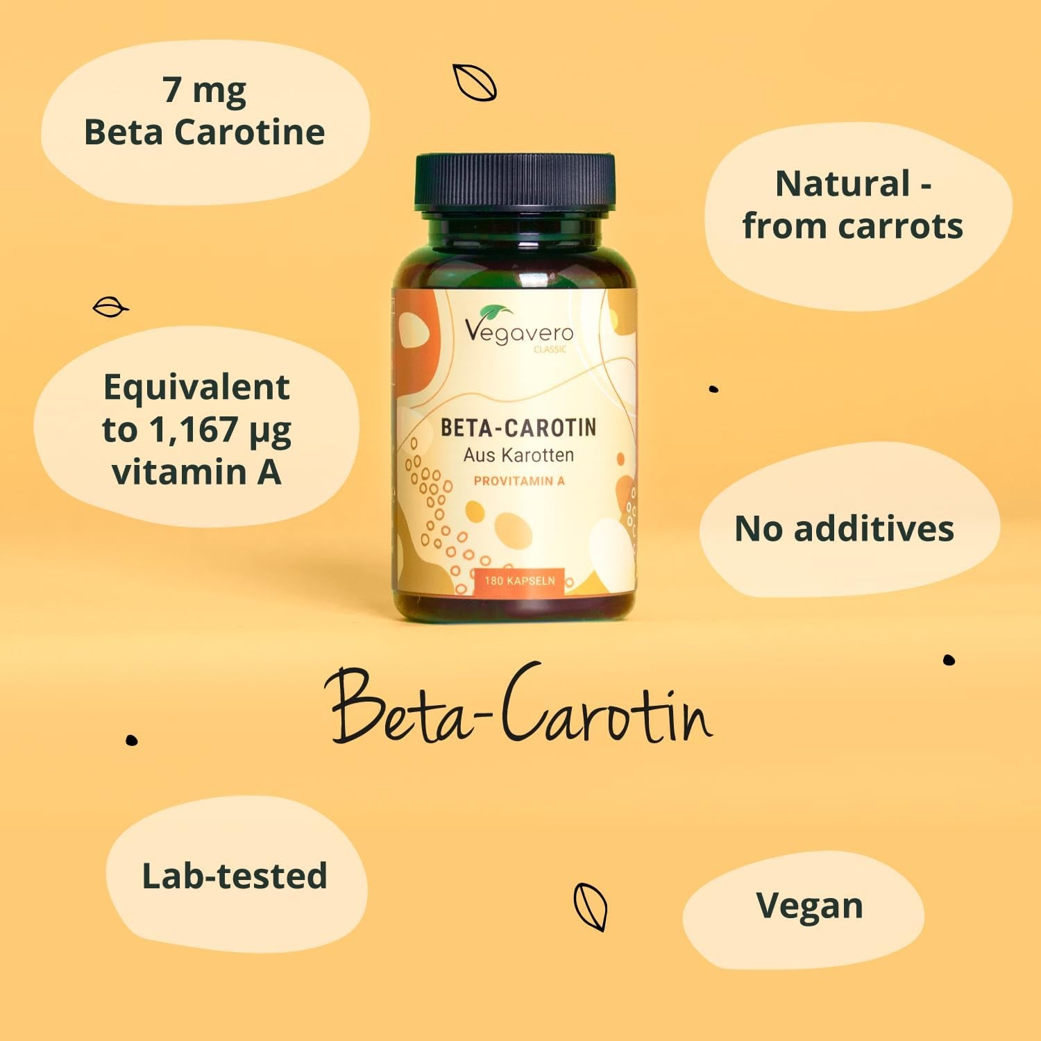 Vegavero Beta Carotene | 180 Capsules | Tan Accelerator | 100% Natural Source of Vitamin a | NO Additives, Lab-Tested | Vegan