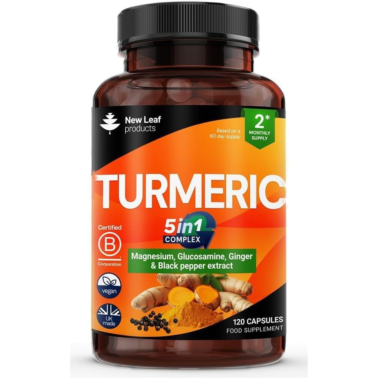 Turmeric 5-In-1 Complex - 5000Mg Turmeric Capsules High Strength Enriched with Magnesium & Glucosamine Sulphate - Added Ginger Capsules + Black Pepper, 95% Curcumin Supplement - Vegan Supplement