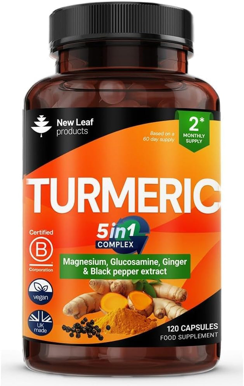 Turmeric 5-In-1 Complex - 5000Mg Turmeric Capsules High Strength Enriched with Magnesium & Glucosamine Sulphate - Added Ginger Capsules + Black Pepper, 95% Curcumin Supplement - Vegan Supplement
