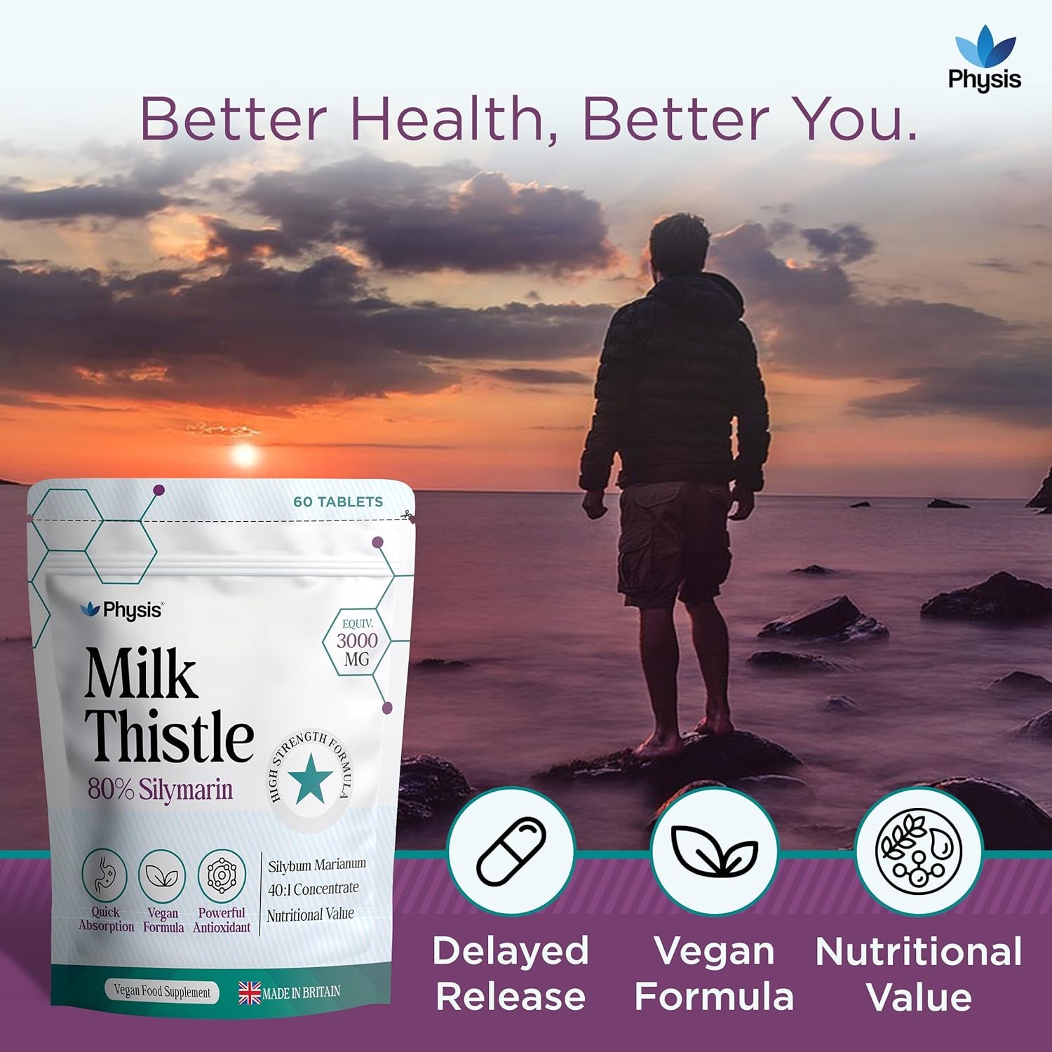 Physis Milk Thistle High Strength | 80% Silymarin | Liver Support Supplements | Milk Thistle Seeds | Vegan Food Supplement | 60 X Tablets | Made in Britain