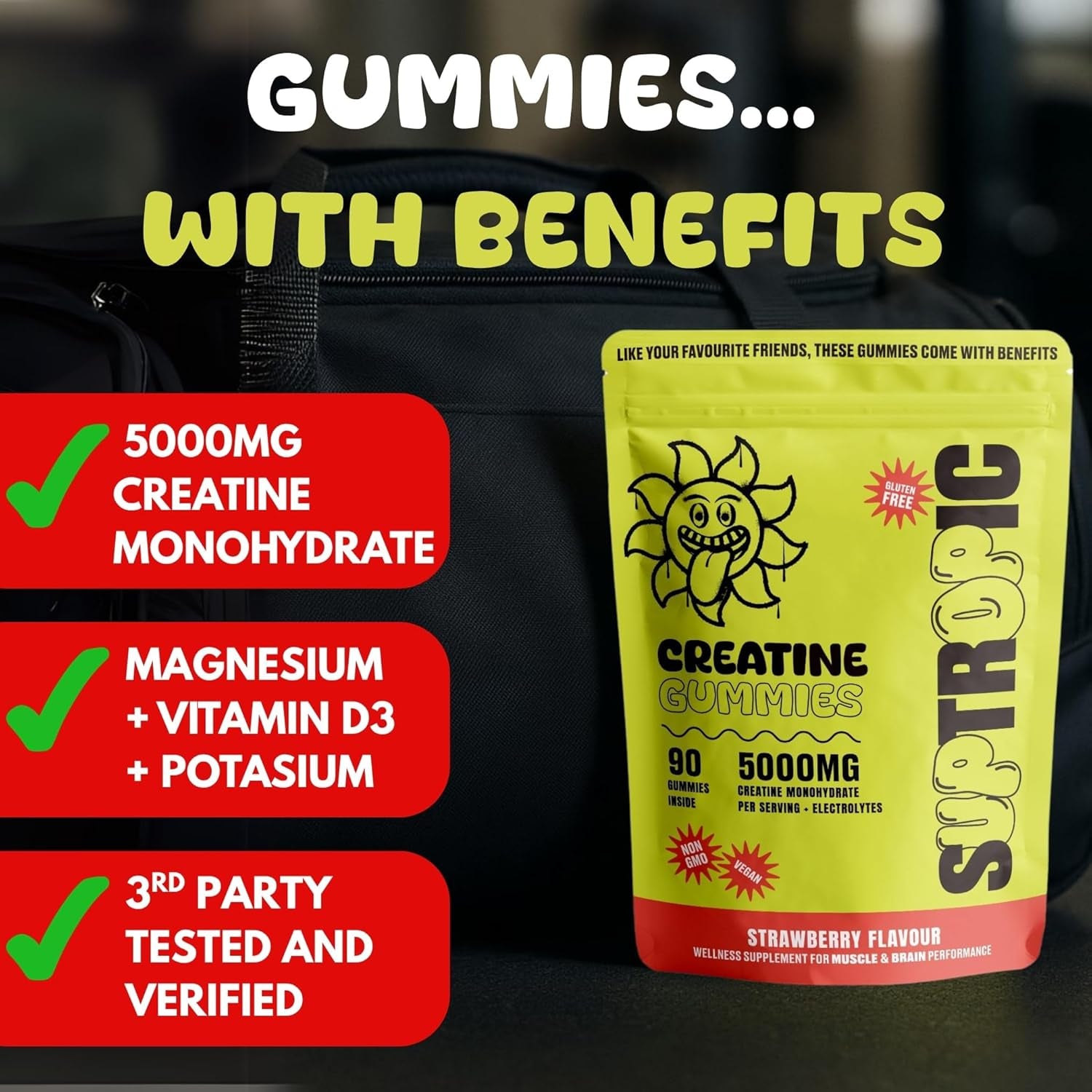 SUPTROPIC Creatine Monohydrate Gummies with Electrolytes – 5000Mg Creatine + Magnesium, Potassium & Vitamin D3 – Zero Sugar, Strawberry Flavor – 90 Gummies – Pre/Post Workout Muscle Support