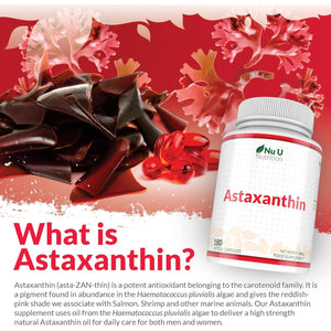 Astaxanthin 12Mg - 180 High Strength Softgel Capsules - 6 Month Supply - Powerful Antioxidant Supplement - Astaxanthin from Haemotococcus Pluvialis Algae - Made in the UK - Nu U Nutrition