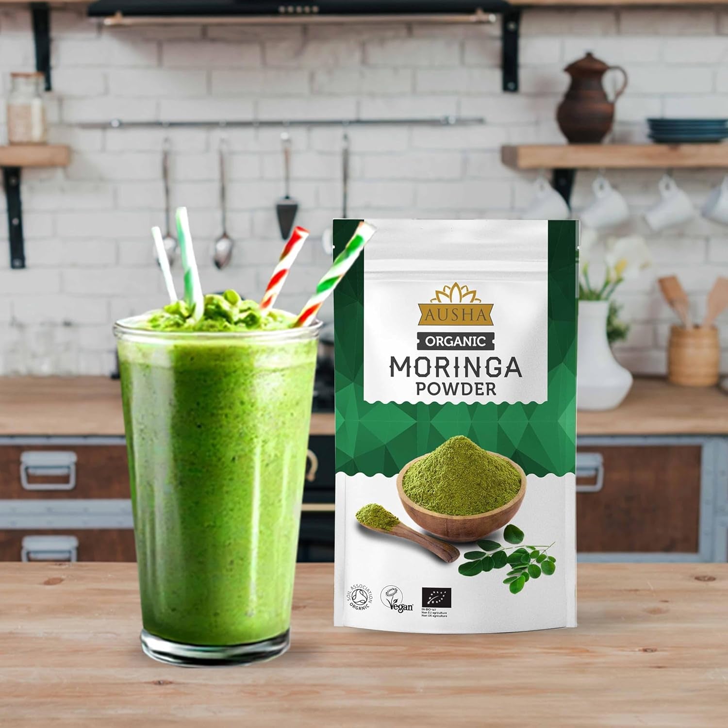 Ausha Organic Moringa Powder 100 G - UK Certified Organic by Soil Association - Oleifera Leaf - Source of Protein, Amino Acids, Antioxidants, Dietary Fibre, Vitamins & Minerals