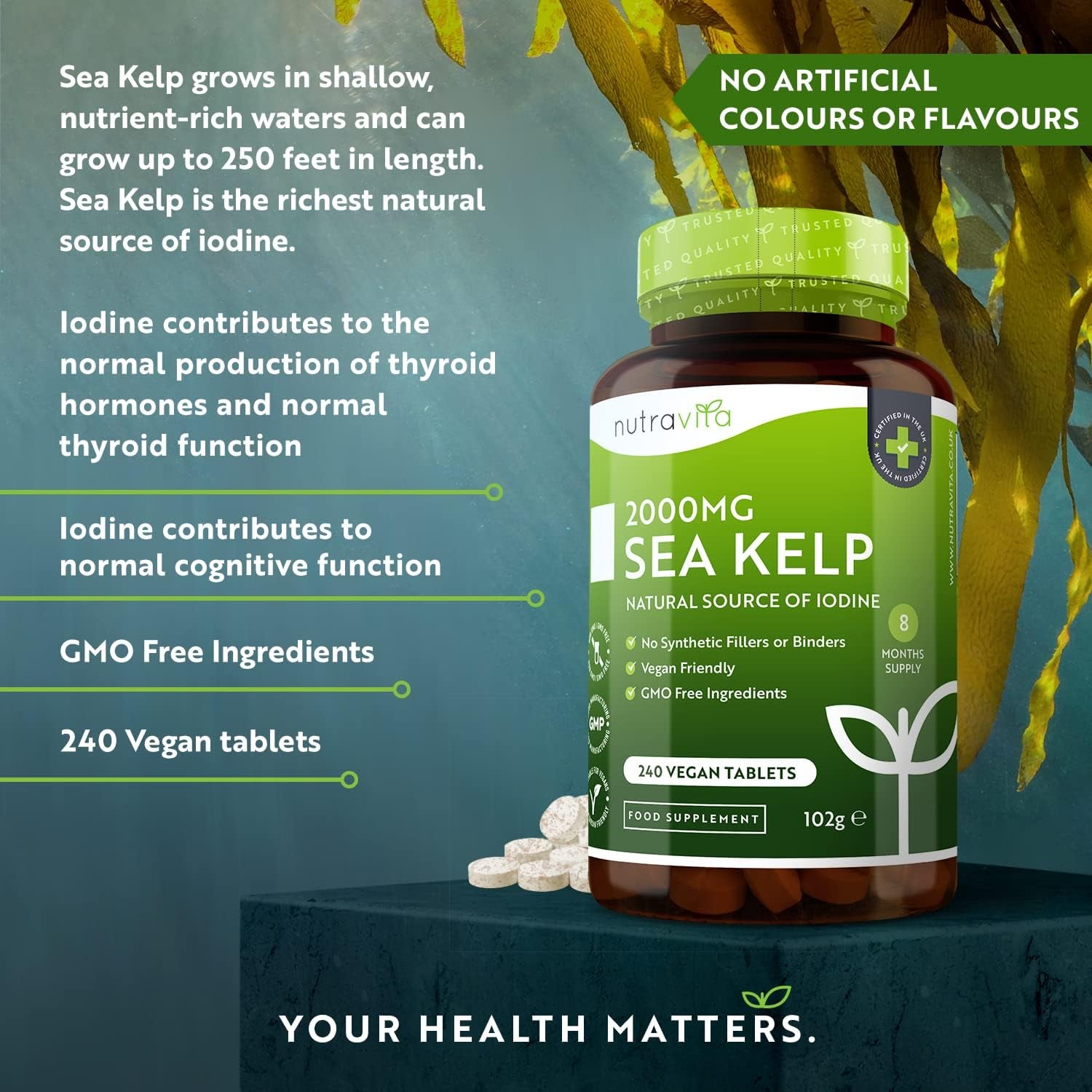 Sea Kelp 2000Mg - Natural Source of Iodine - Normal Cognitive Function, Energy Yielding Metabolism, Nervous System Function, Skin and Production of Thyroid Hormones - 8 Month Supply - Nutravita