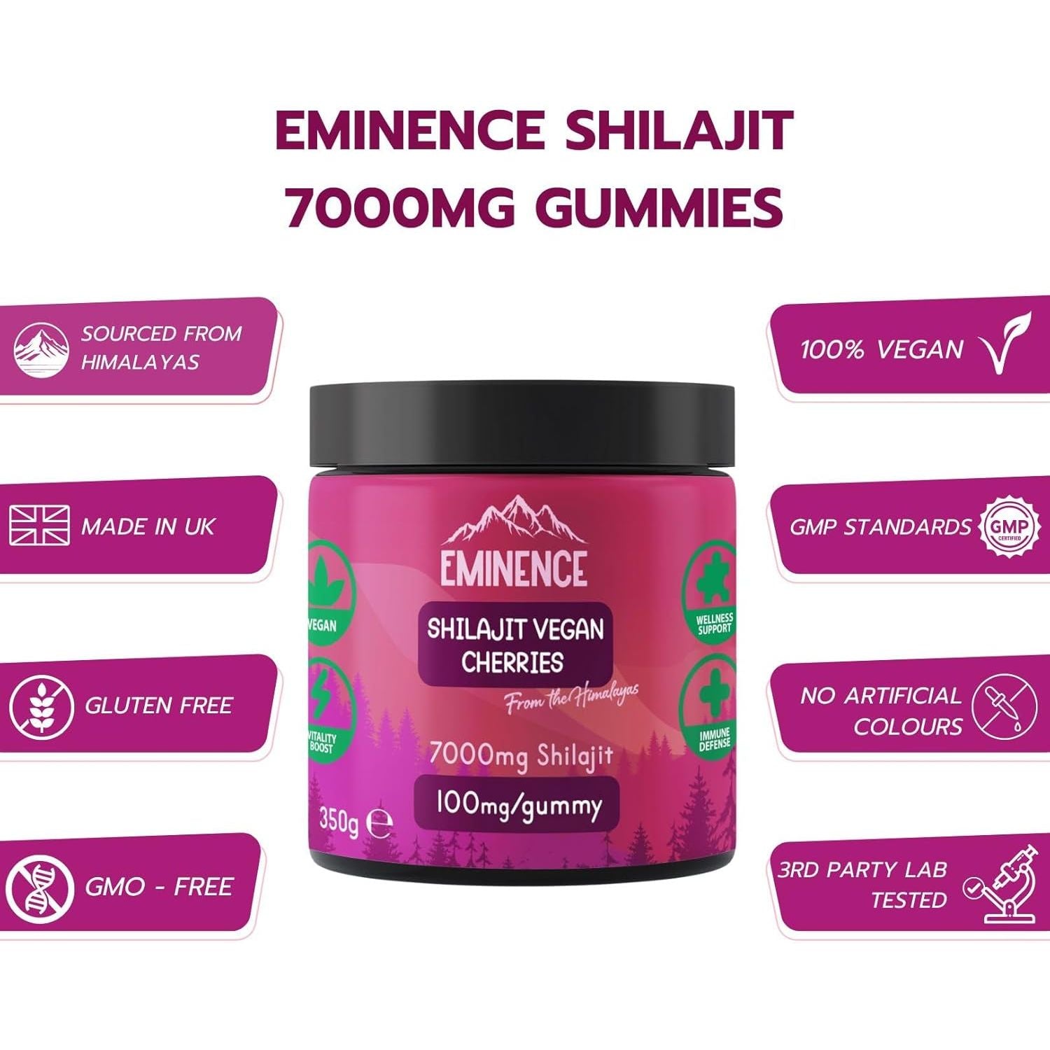 Eminence 7000Mg Pure Himalayan Shilajit Gummies | 100% Vegan | High Strength Organic Fulvic Acid Supplement | Natural Energy Booster | Women & Men | Made in UK - Cherries