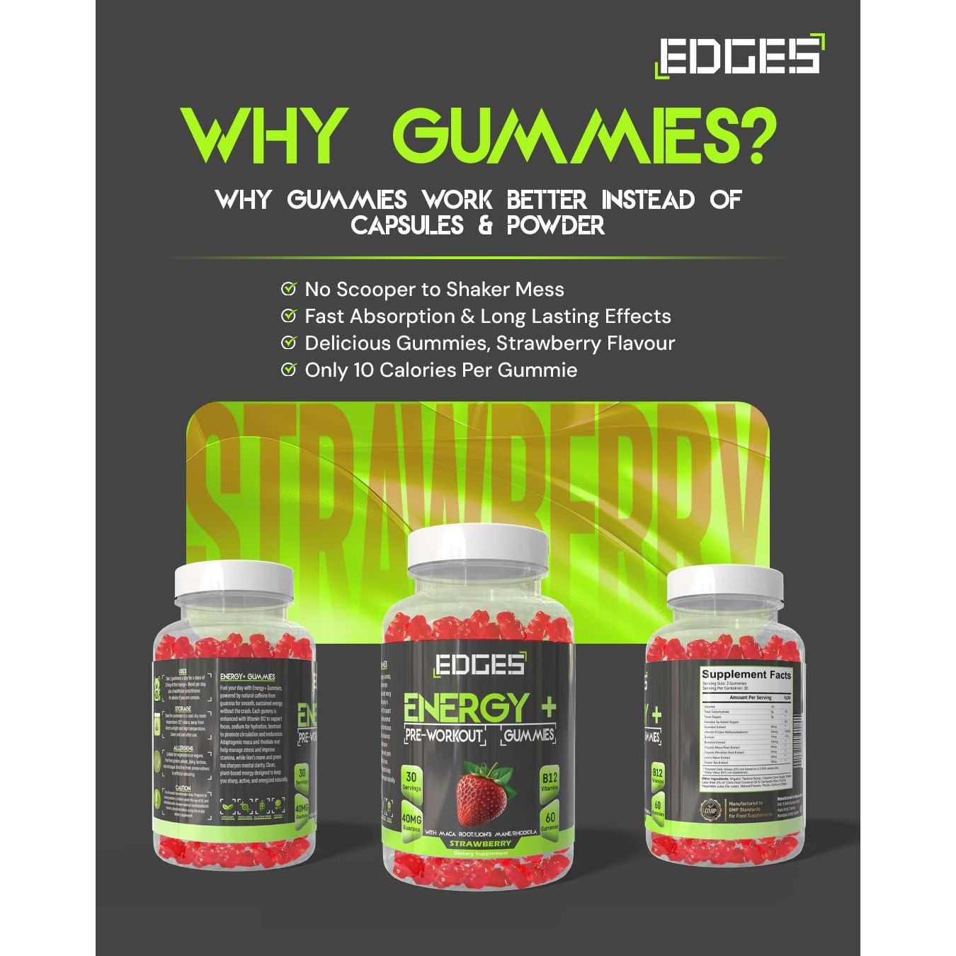 Edges Energy Gummies 60 Guarana Gummies for Men & Women - Guarana Energy Gummies - Strawberry Flavoured Pre-Workout - Gym Supplement - with B12 Vitamins, Lion'S Mane and Maca Root