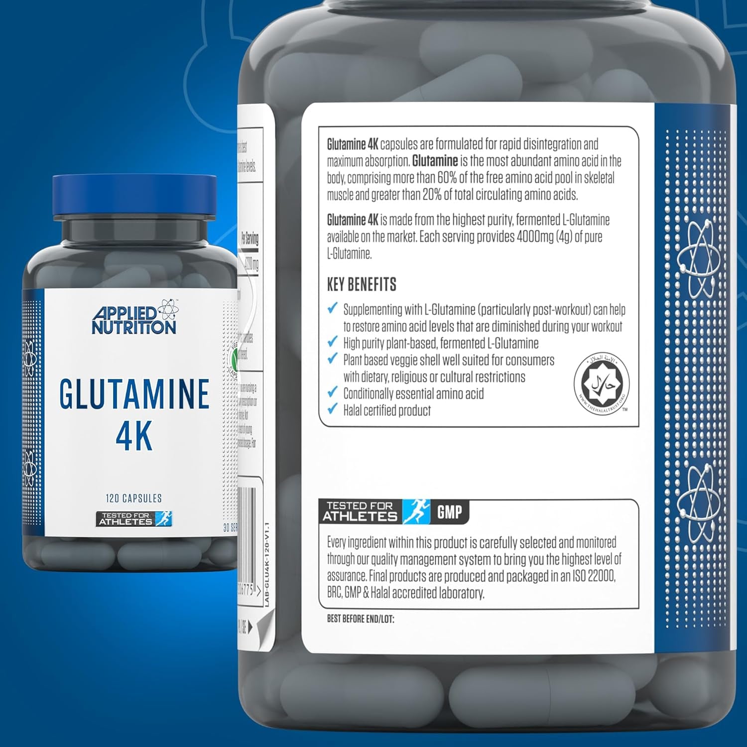 Applied Nutrition Glutamine 4K - L Glutamine 4000 Mg per Serving, Restore Amino Acid Levels (120 Capsules - 30 Servings)