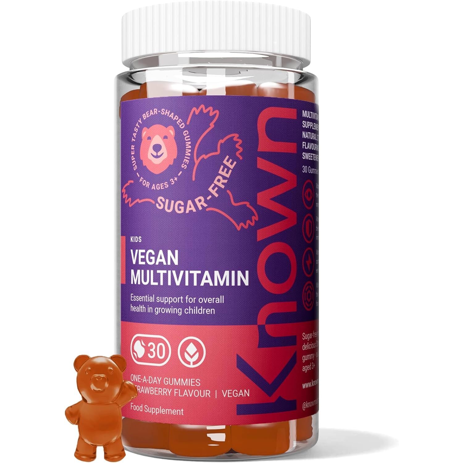 Known Kids Multivitamin Complex Gummies - Sugar-Free - Vitamin C, B6 - Immune Support - Natural Strawberry Flavour - 30 Vegan Gummies, 1 Month Supply