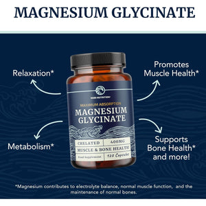 Magnesium Glycinate 400Mg | Chelated Bisglycinate for Muscle Relaxation, Bones, Heart, Nerve, Sleep & Calm Support for Women & Men | High Absorption Magnesium Chelate Supplement | 120 Capsules